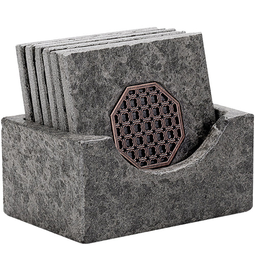 Greystone Boulder Square 3x3'' Stone Coasters Set of Stylish Concrete Rock Drink Coasters with Stand