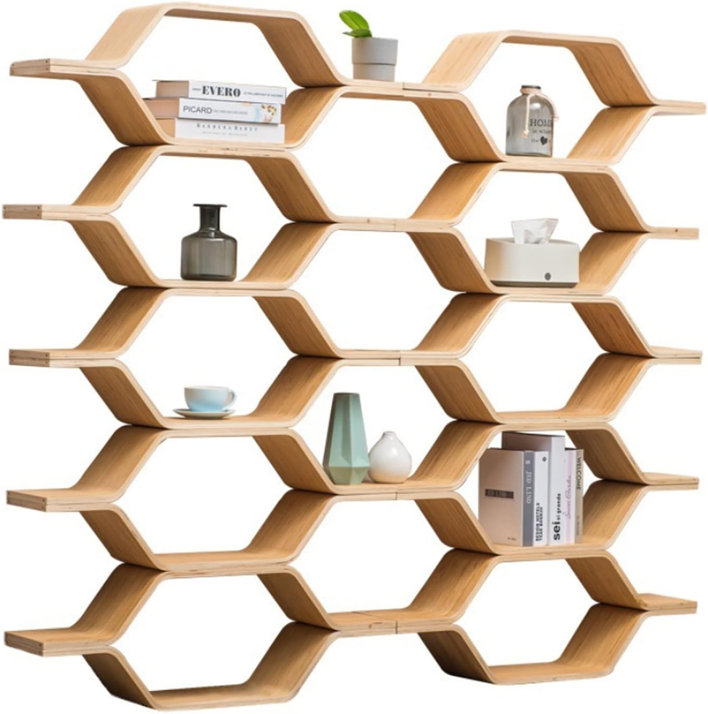 6 Level Honeycomb Hexagon Shelving Set 5ft Tall DIY Wood Shelves Slim Shelf Room Divider