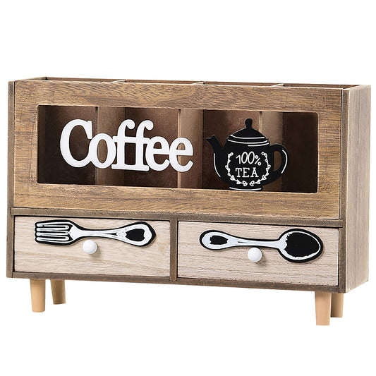 Coffee Storage Station Wooden Box Drawer Organizer | 2 Drawer Tea Dispenser Box Condiments