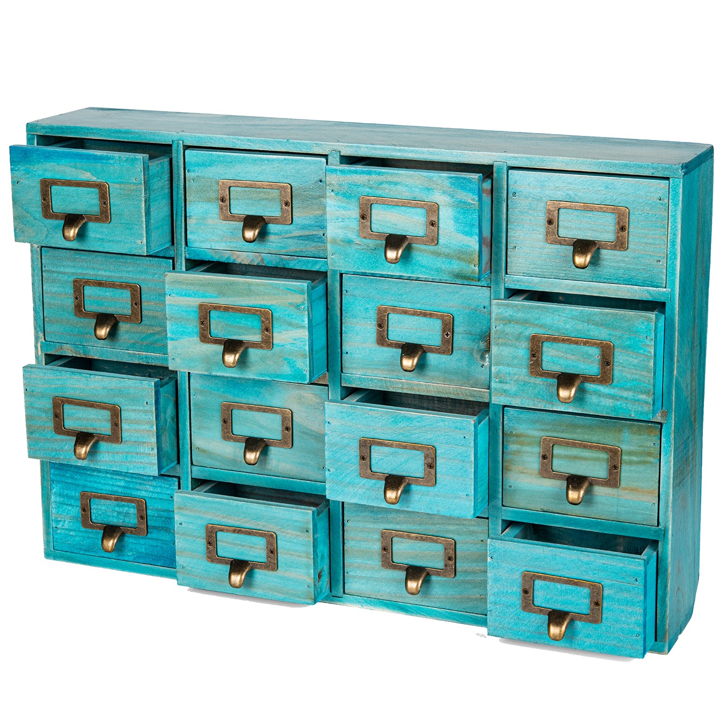 Teal Turquoise Vintage Wood 16 Mini Card Catalog Drawers Apothecary Ca