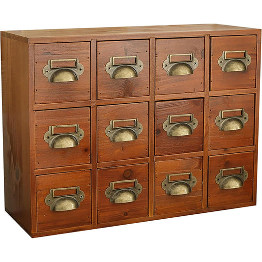 Vintage Mahogany 12-Drawer Apothecary Cabinet – 3x5” Index Card Organizer for Tea, Herbs & Office Supplies