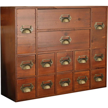 Vintage 14-Drawer Wooden Apothecary Cabinet – Mini Storage Chest with Brass Handles – Desktop Organizer for Index Cards