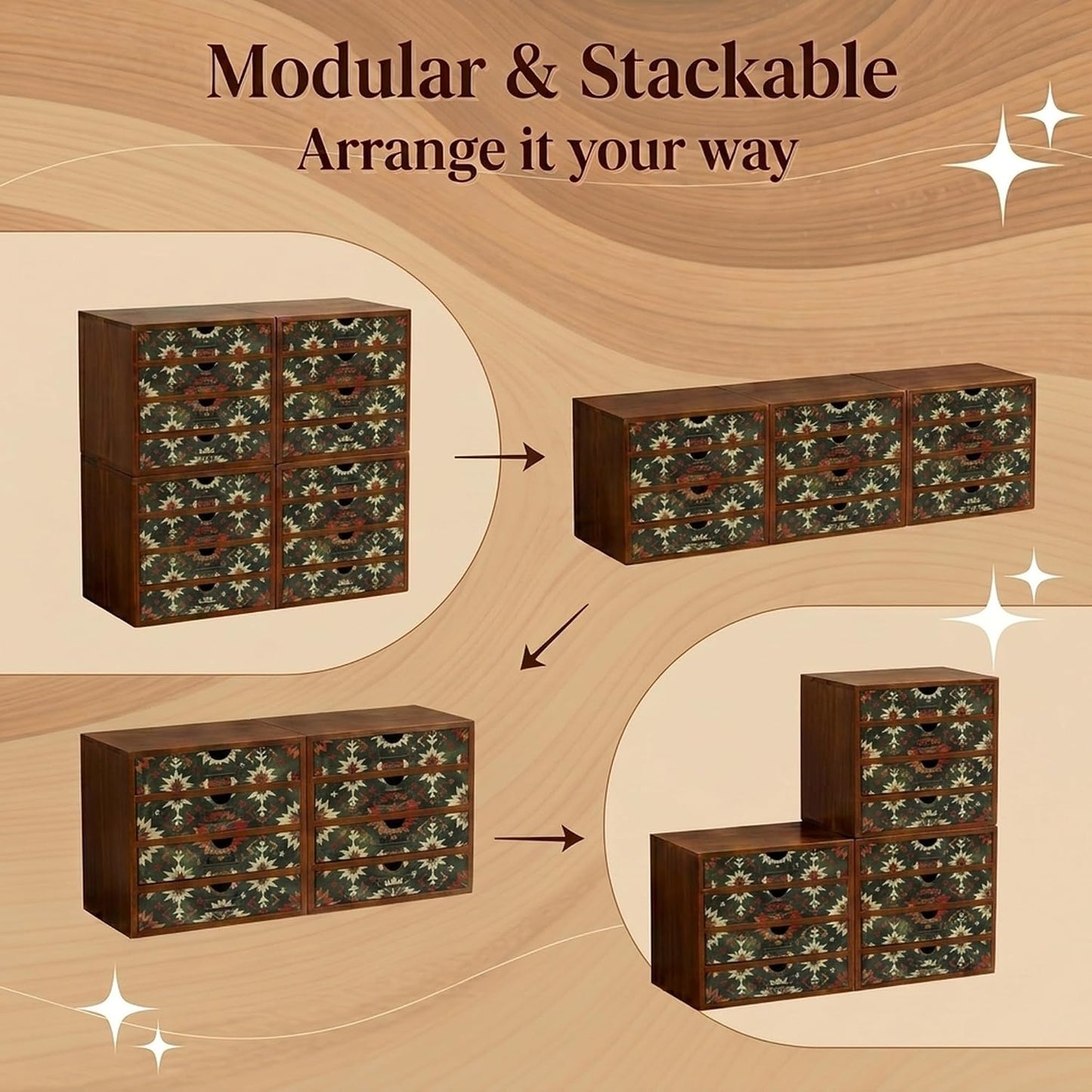 Boho Geometric 16-Drawer Wooden Organizer Set - Modular Stackable Desktop Storage Cabinet for Desk, Vanity, Kitchen, Crafts & Jewelry
