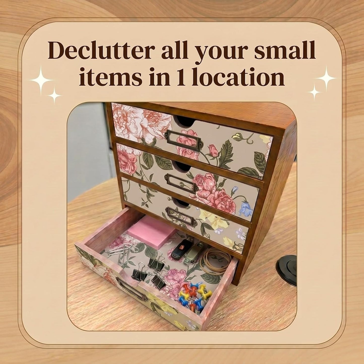 Victorian Floral 16-Drawer Wooden Organizer Set - Modular Stackable Desktop Storage Cabinet for Desk, Vanity