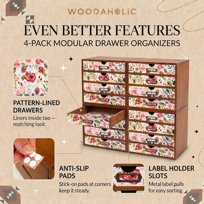 Floral 16-Drawer Wooden Organizer Set - Modular Stackable Desktop Storage Cabinet for Desk, Vanity, Kitchen, Crafts & Jewelry
