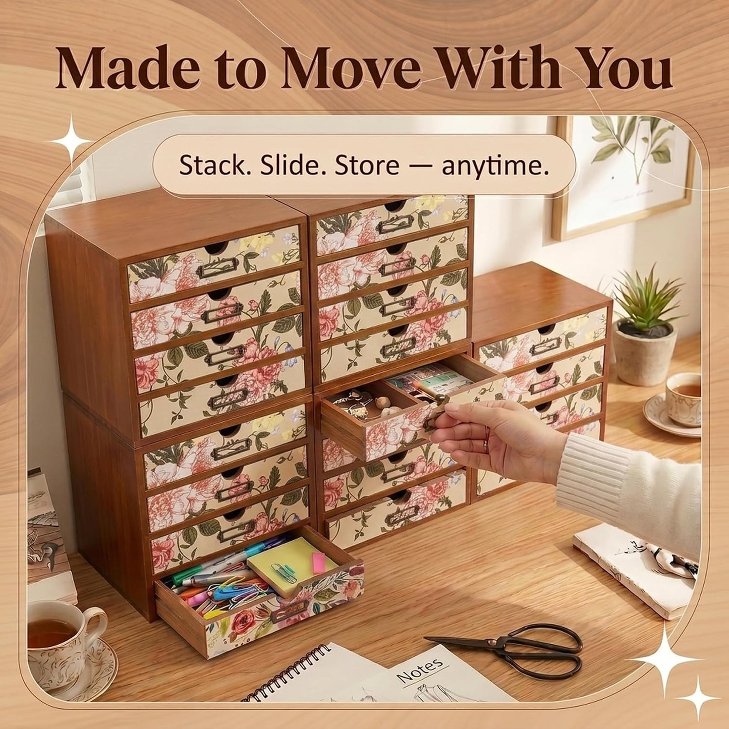 Victorian Floral 16-Drawer Wooden Organizer Set - Modular Stackable Desktop Storage Cabinet for Desk, Vanity