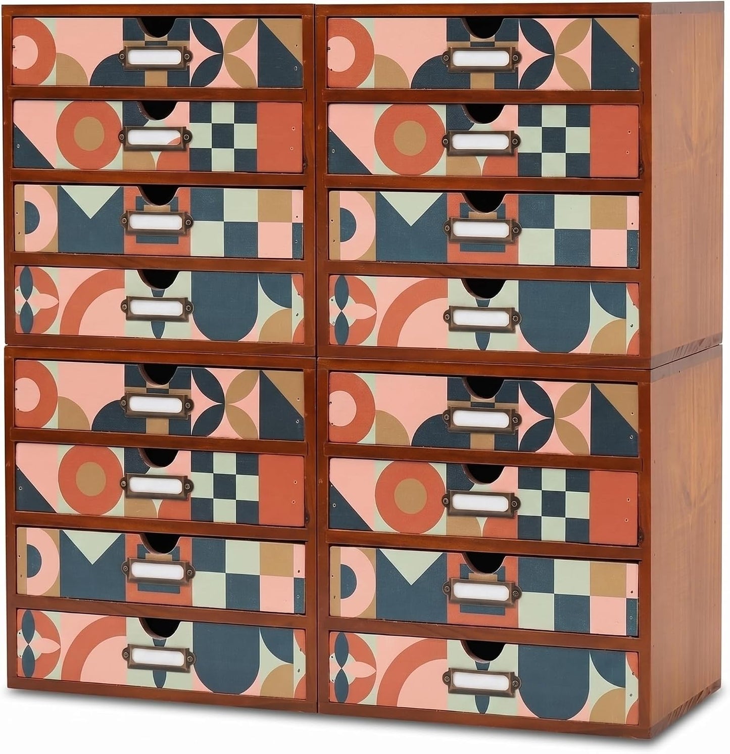 Mid-Century Modern 16-Drawer Wooden Organizer Set - Modular Stackable Desktop Storage Cabinet for Desk, Vanity, Kitchen, Crafts & Jewelry