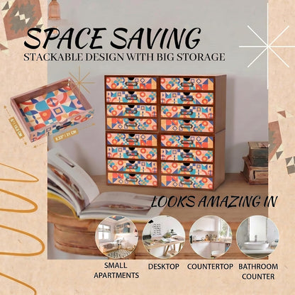 Colorful Mid-Century Modern 16-Drawer Organizer - Stackable Wooden Storage Cabinet with Label Holders for Makeup, Cables, Stationery & Accessories