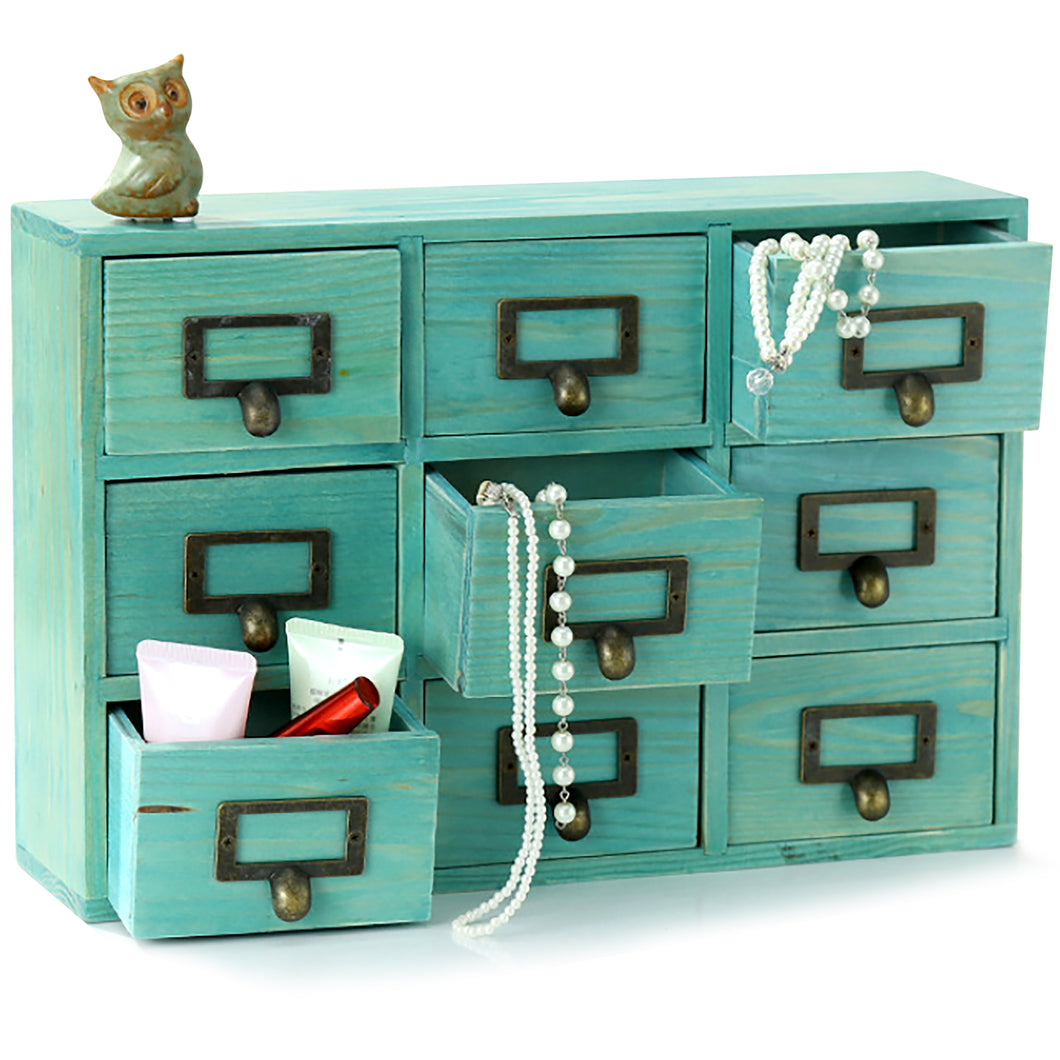 Teal Wooden Drawer Organizer for Desktop - Vintage Apothecary Cabinet With 9 Drawers - Wood Desk Organizer