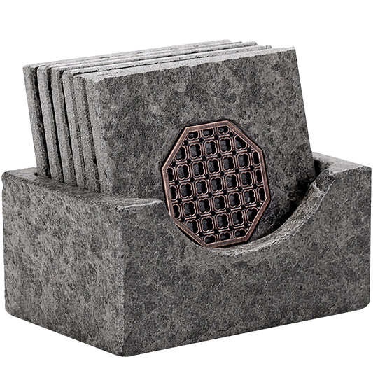 Greystone Boulder Square 3x3'' Stone Coasters Set of Stylish Concrete Rock Drink Coasters with Stand