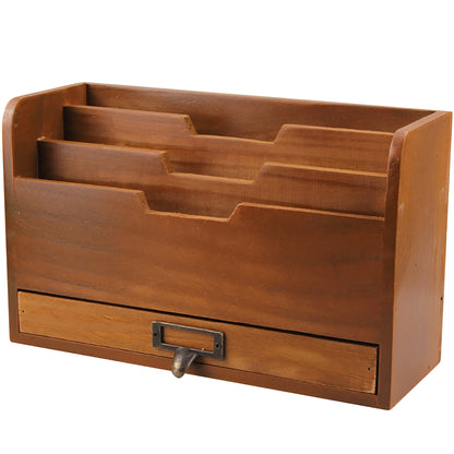 Wood Desktop File Organizer-Vertical Folder Sorter -3 Document Compartments & 1 Paper Tray Drawer