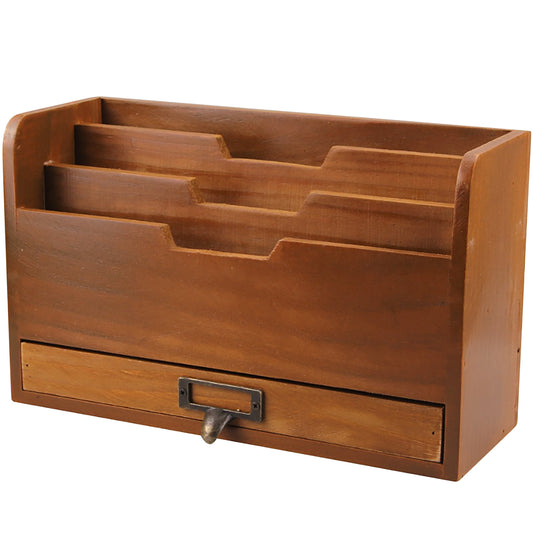 Wood Desktop File Organizer-Vertical Folder Sorter -3 Document Compartments & 1 Paper Tray Drawer