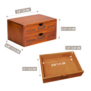 Stackable Vintage Wooden Storage Box | 2-Drawer Wood Cabinet Table Top Label Desk Organizer