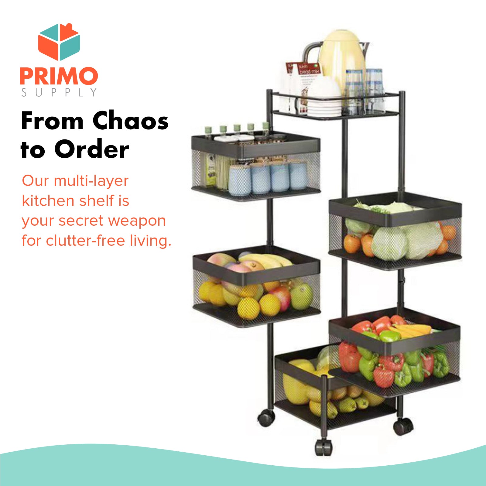 Load image into Gallery viewer, 5-Tier Matte Black Rolling Kitchen Cart