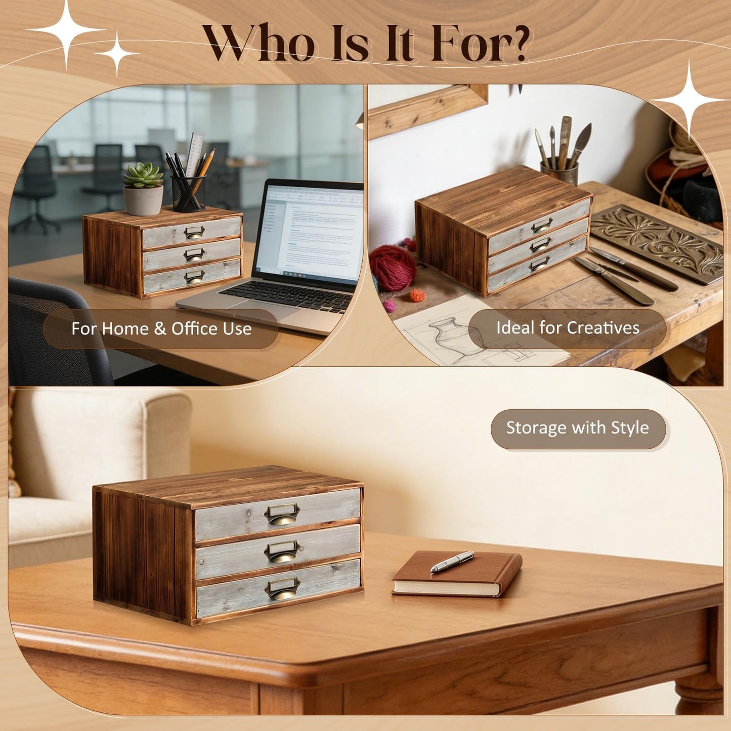 Two-Tone Wood 3-Drawer Organizer - Stackable Desktop Storage Cabinet with Label Pulls for Mail, Receipts, Accessories & Hobby Supplies