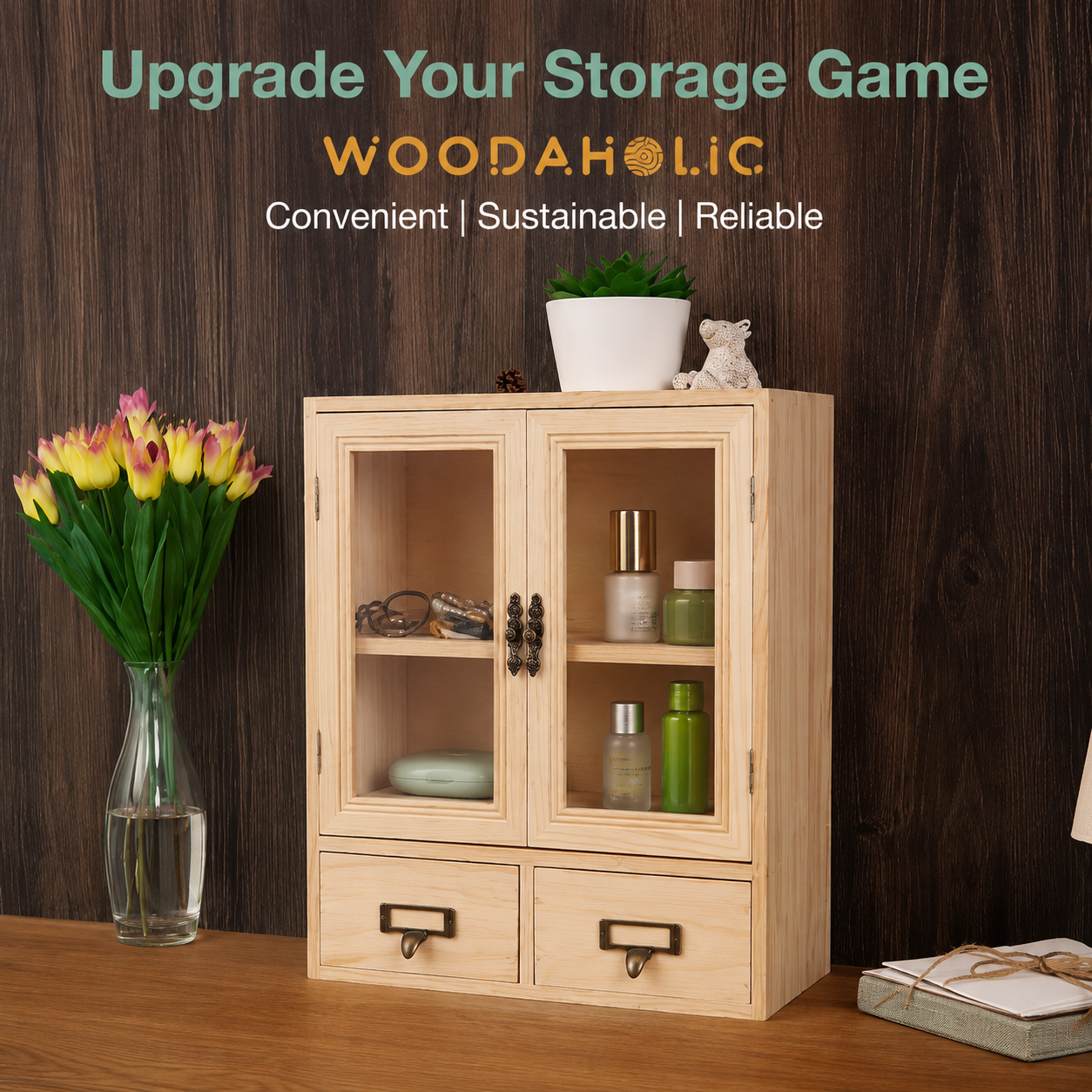 2-Level Rustic Mini Kitchen Cabinet  Glass Doors & Bottom Drawers - Pantry Storage  Cupboard