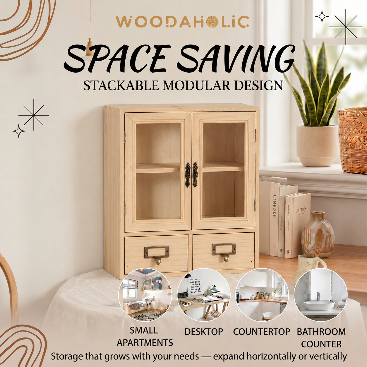 2-Level Rustic Mini Kitchen Cabinet  Glass Doors & Bottom Drawers - Pantry Storage  Cupboard