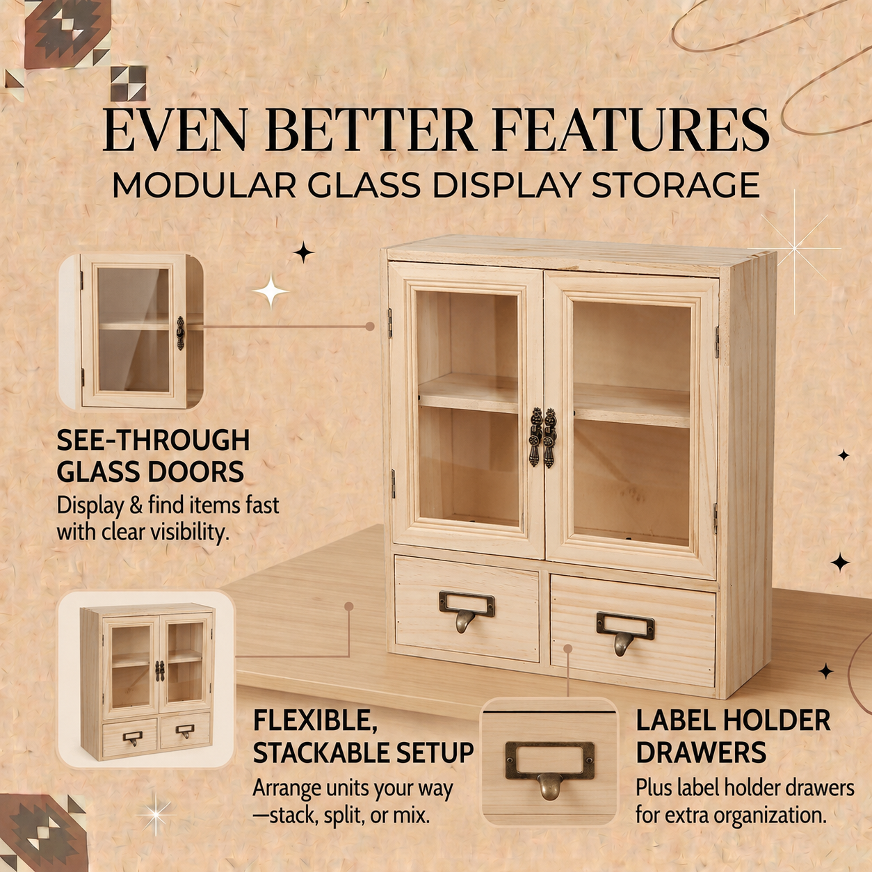 2-Level Rustic Mini Kitchen Cabinet  Glass Doors & Bottom Drawers - Pantry Storage  Cupboard