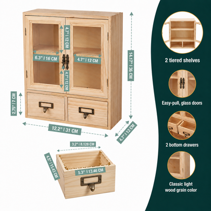 2-Level Rustic Mini Kitchen Cabinet  Glass Doors & Bottom Drawers - Pantry Storage  Cupboard