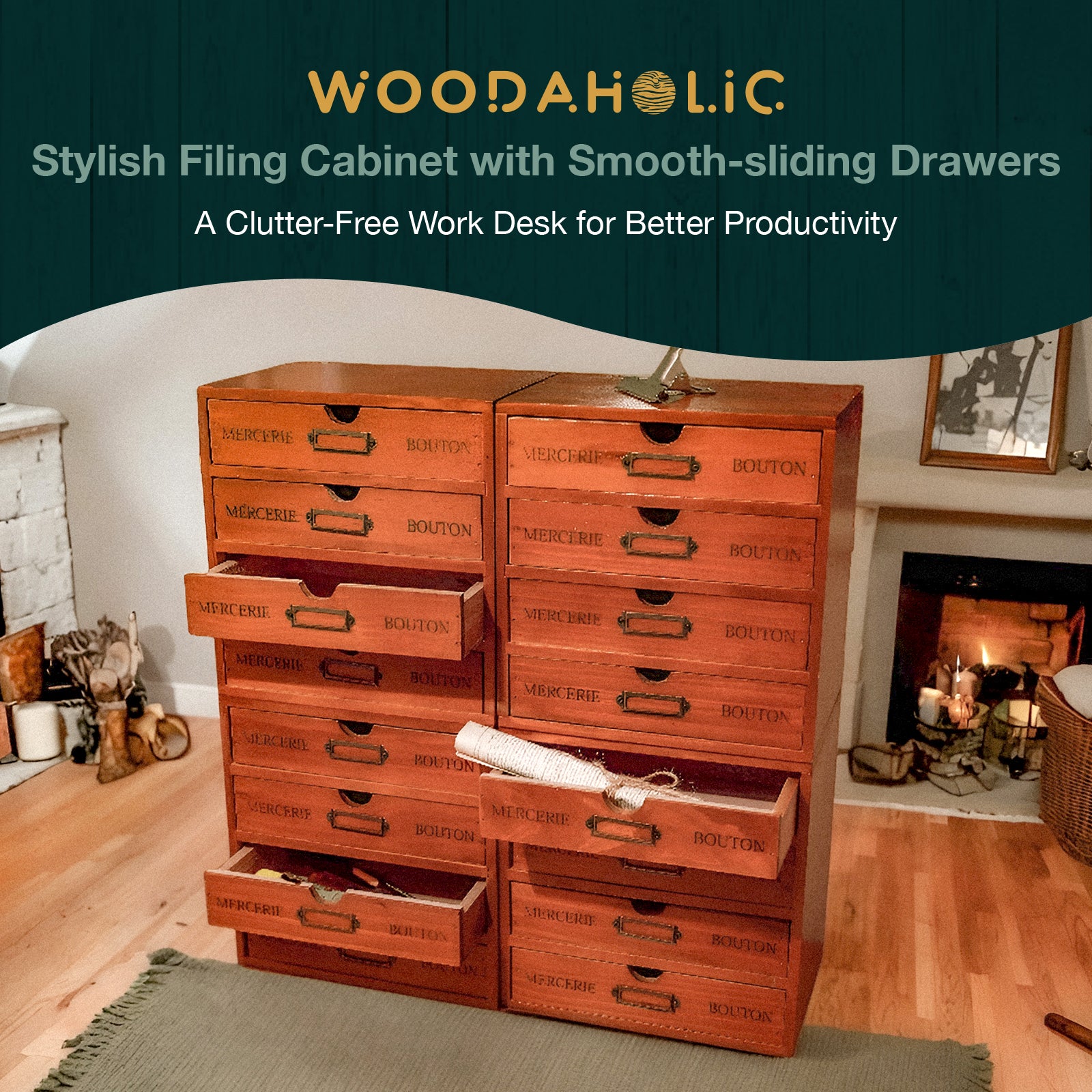 16Drawer Wooden Card Catalog Storage Box Vintage Slide Out