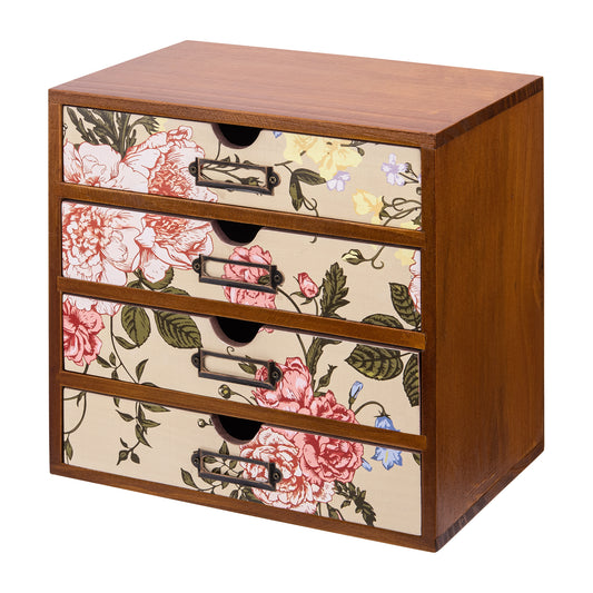 Desk Organizer with Vintage Off White Floral Motif Drawers - Wooden Storage Drawers for Tabletop