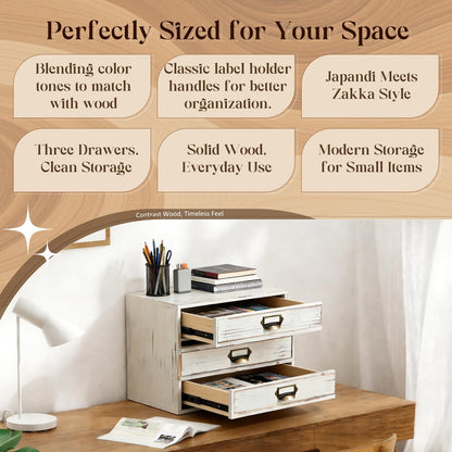 Distressed White Wooden 3-Drawer Organizer - Stackable Mini Storage Cabinet with Label Pulls for Mail, Stationery, Makeup & Keepsakes