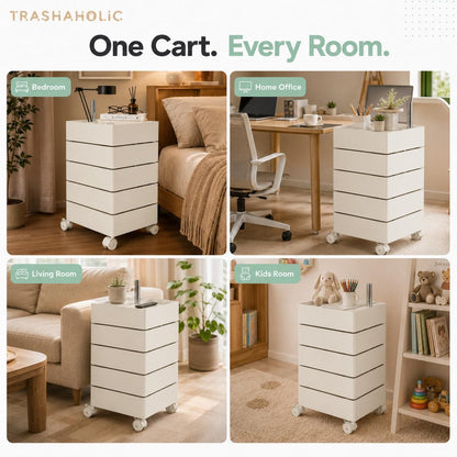 5-Drawer Rolling Utility Storage Cart with 360° Rotating Drawers & Locking Wheels - Cream