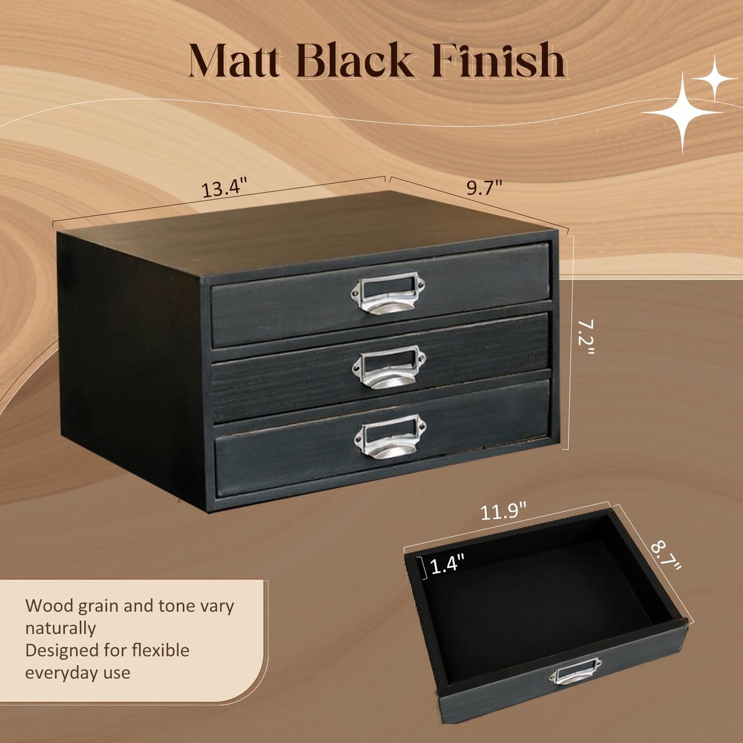 Matte Black Wooden 3-Drawer Desktop Organizer - Stackable Modular Storage Cabinet with Label Pull Handles for Desk, Shelf, Vanity & Crafts