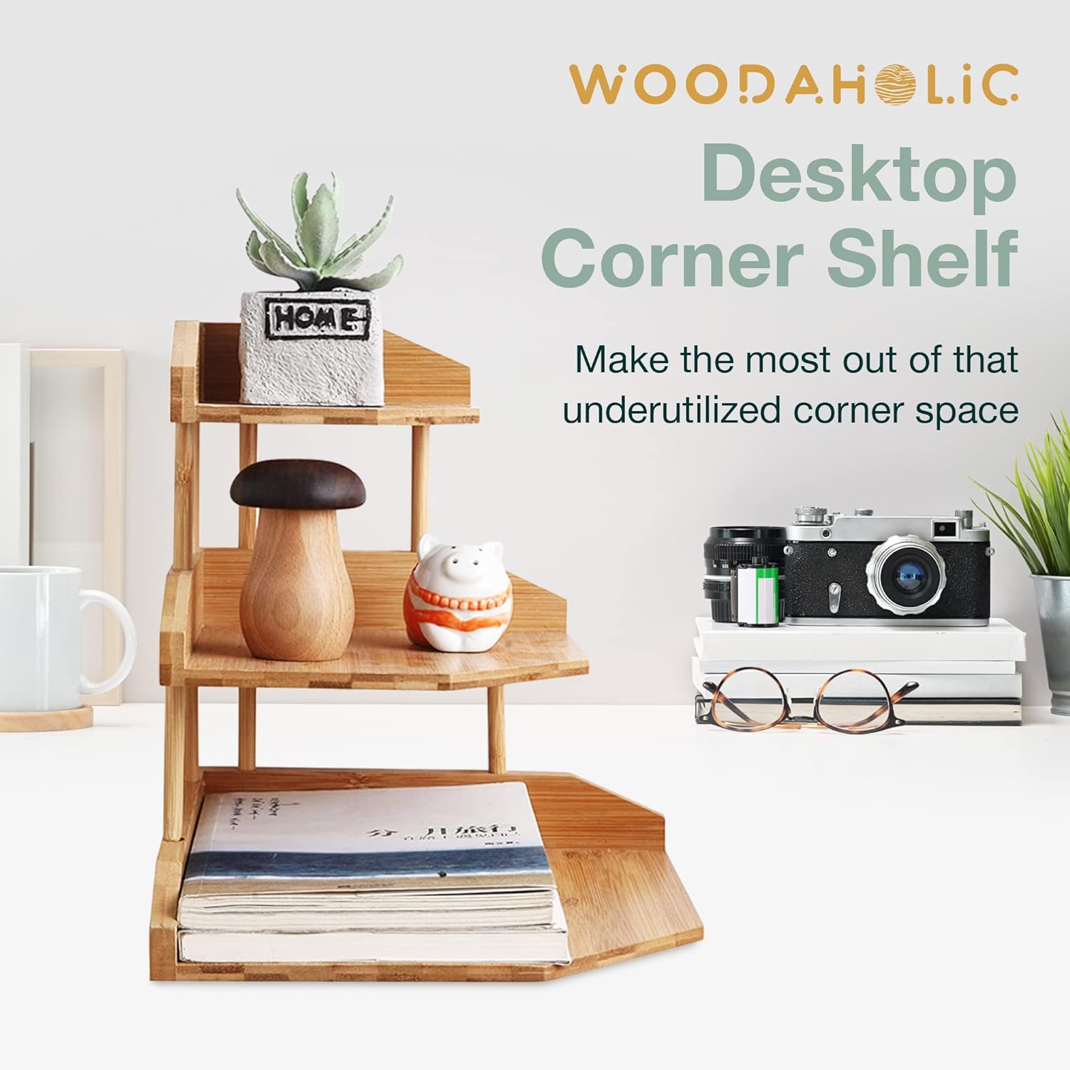 Load image into Gallery viewer, Corner Space Enhancer Wooden Desk Organizer-3 Level Wood Shelf for Corner
