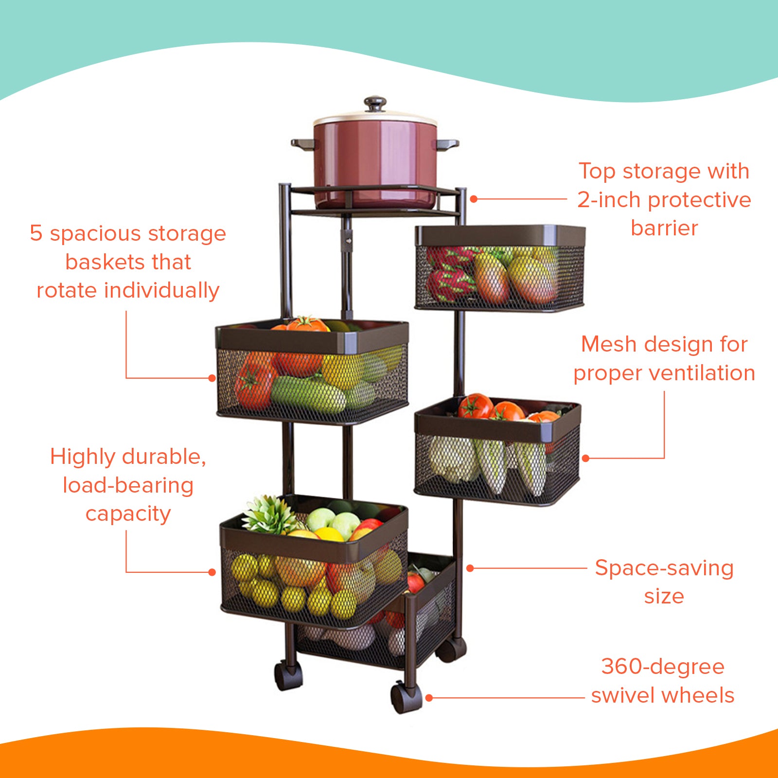 Load image into Gallery viewer, 5-Tier Matte Black Rolling Kitchen Cart