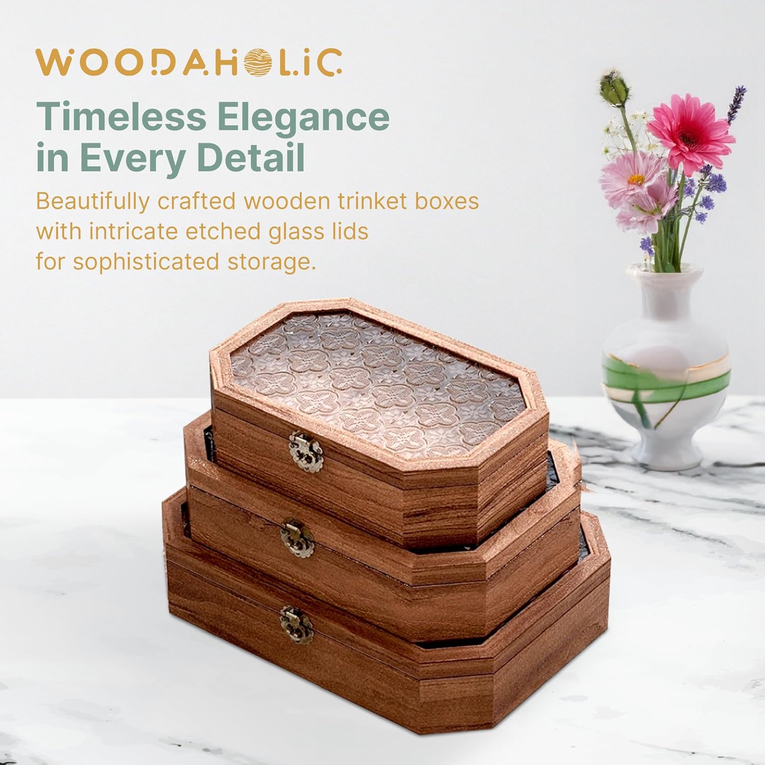 Set of 3 Solid Wood Storage Boxes with Lids 