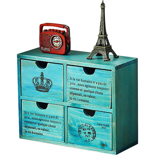 4-Drawer Vintage Desk Organizer-Wooden Storage Drawers for Table-top - Farmhouse French Style Desktop Cabinet with 4 Drawers