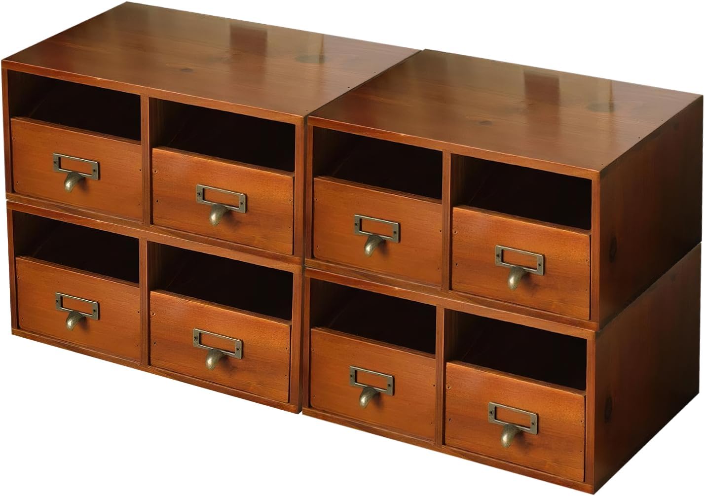 4-Pack Wide Wooden Desktop Drawer Organizer with Brass Label Holders | Stackable 8-Drawer Storage Boxes for Desk, Shelf, Office & Home