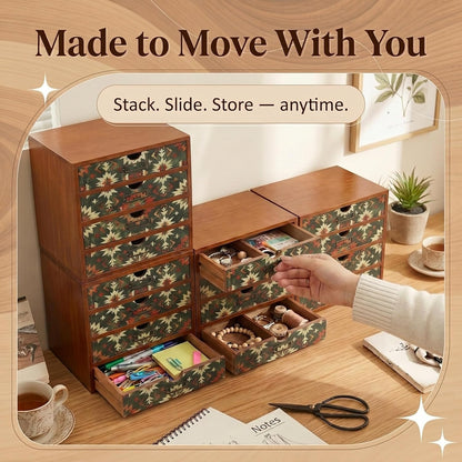 Boho Geometric 16-Drawer Wooden Organizer Set - Modular Stackable Desktop Storage Cabinet for Desk, Vanity, Kitchen, Crafts & Jewelry