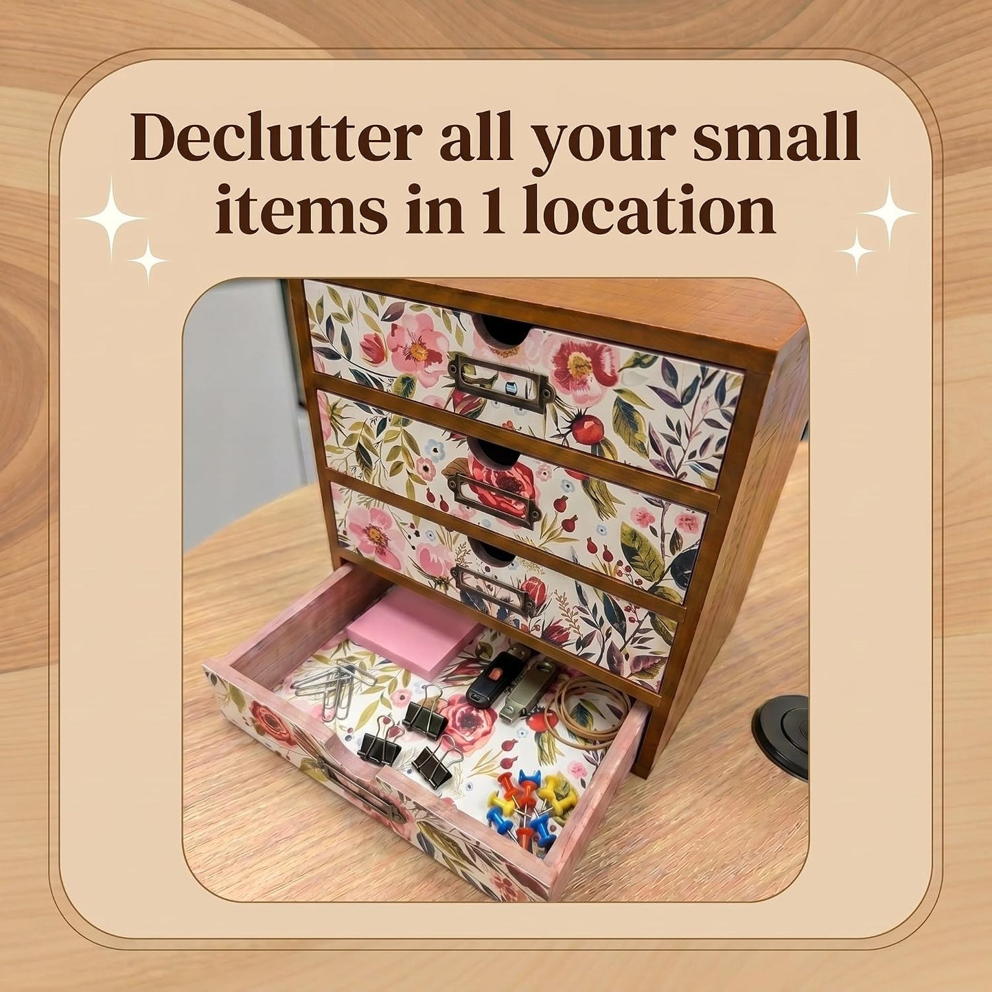 Floral 16-Drawer Wooden Organizer Set - Modular Stackable Desktop Storage Cabinet for Desk, Vanity, Kitchen, Crafts & Jewelry