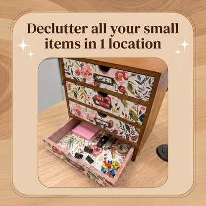 Floral 16-Drawer Wooden Organizer Set - Modular Stackable Desktop Storage Cabinet for Desk, Vanity, Kitchen, Crafts & Jewelry