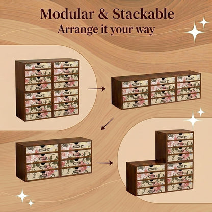 Victorian Floral 16-Drawer Wooden Organizer Set - Modular Stackable Desktop Storage Cabinet for Desk, Vanity