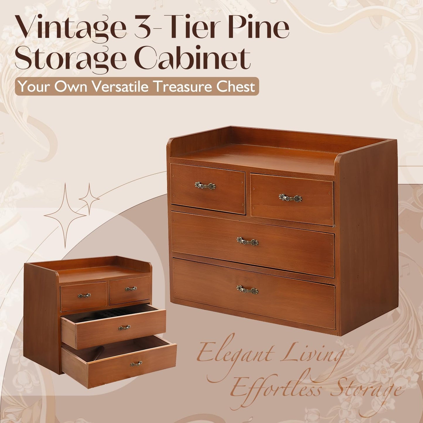 Vintage Wooden 4-Drawer Desk Organizer Cabinet | Small Desktop Storage Chest for Jewelry, Makeup, Office Supplies & Accessories