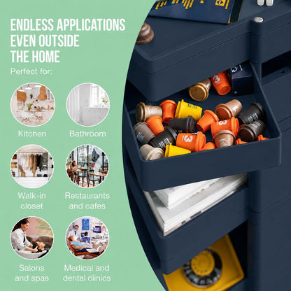 All-in-One Rolling Utility Cart with 4 Swing-Out Drawers, Open Shelves & Swivel Wheels - Navy Blue