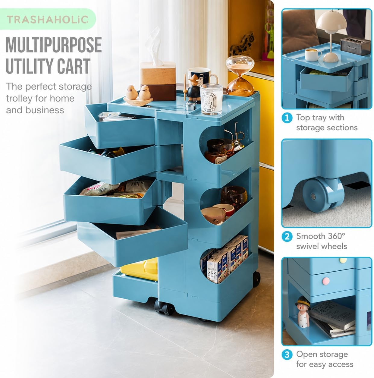 4-Drawer Rolling Storage Trolley with Open Shelves & Multi-Purpose Organizer - Ocean Blue