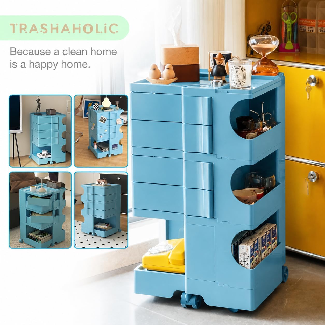 4-Drawer Rolling Storage Trolley with Open Shelves & Multi-Purpose Organizer - Ocean Blue