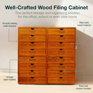 16-Drawer Wooden Card Catalog Storage Box | Vintage Slide Out Cabinet in Retro Wood
