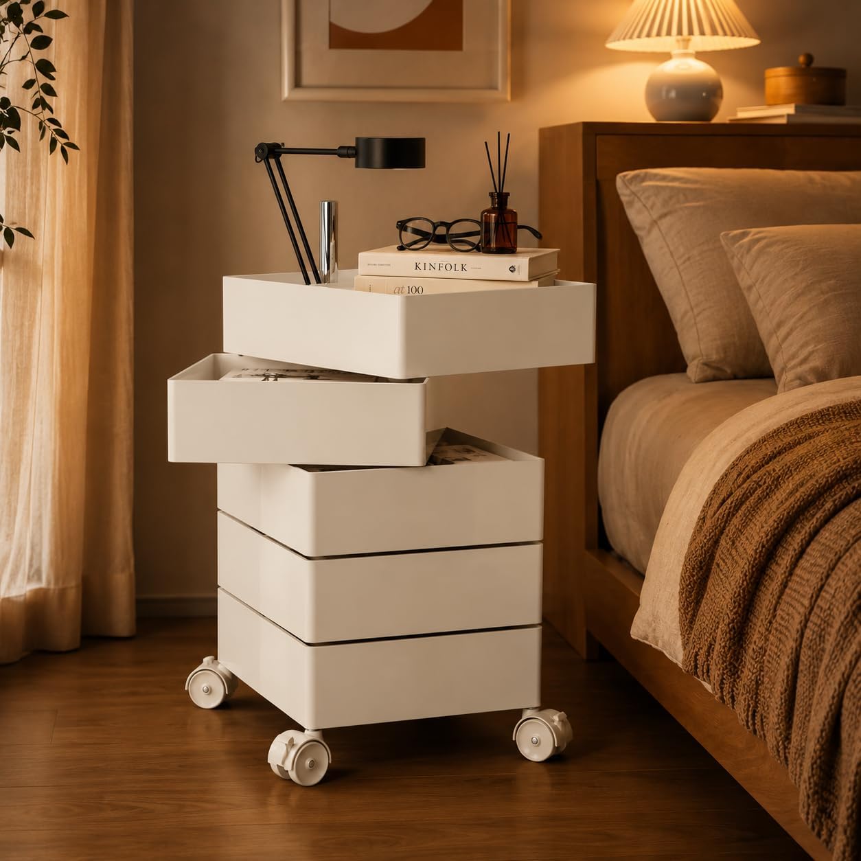 5-Drawer Rolling Utility Storage Cart with 360° Rotating Drawers & Locking Wheels - Cream