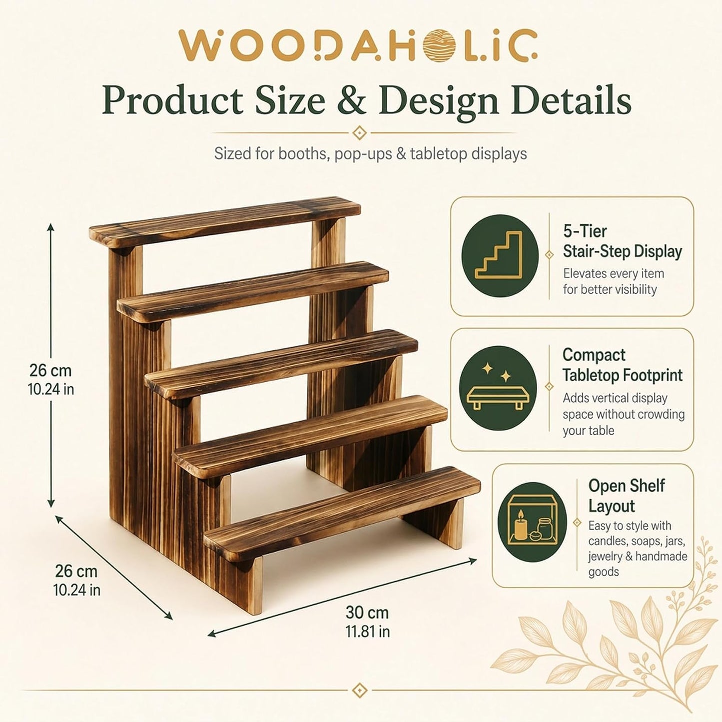 5-Tier Wooden Display Riser Stand - Rustic Burnt Wood Tabletop Shelf for Perfume, Candles, Nail Polish, Crystals & Vendor Booth Displays