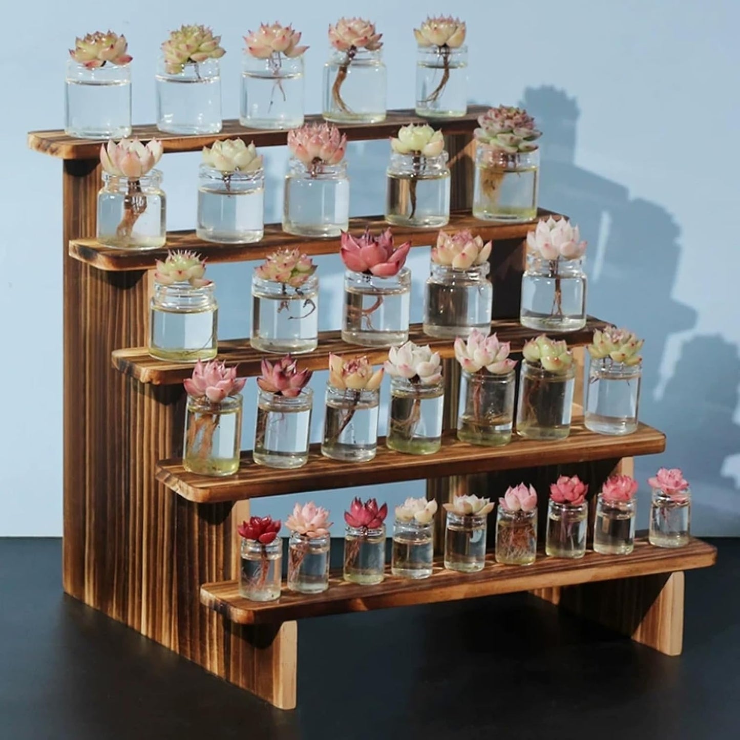 5-Tier Wooden Display Riser Stand - Rustic Burnt Wood Tabletop Shelf for Perfume, Candles, Nail Polish, Crystals & Vendor Booth Displays