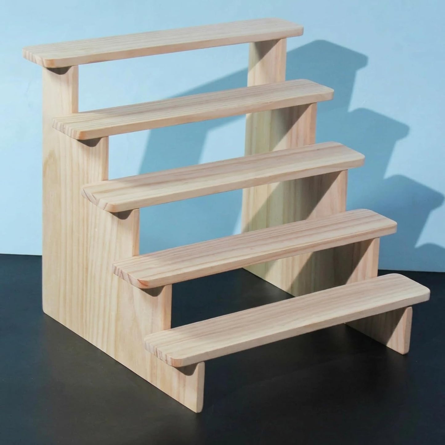 Natural Wood 5-Tier Display Riser Stand - Tabletop Stair-Step Shelf for Perfume, Cupcakes, Candles, Crystals, Nail Polish & Vendor Booths
