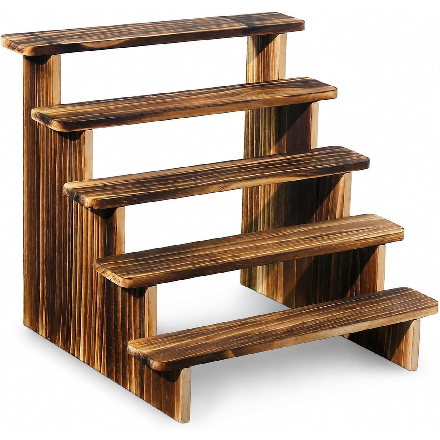 5-Tier Wooden Display Riser Stand - Rustic Burnt Wood Tabletop Shelf for Perfume, Candles, Nail Polish, Crystals & Vendor Booth Displays