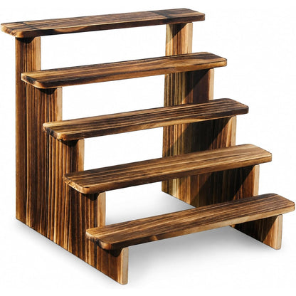 5-Tier Wooden Display Riser Stand - Rustic Burnt Wood Tabletop Shelf for Perfume, Candles, Nail Polish, Crystals & Vendor Booth Displays
