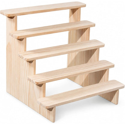 Natural Wood 5-Tier Display Riser Stand - Tabletop Stair-Step Shelf for Perfume, Cupcakes, Candles, Crystals, Nail Polish & Vendor Booths