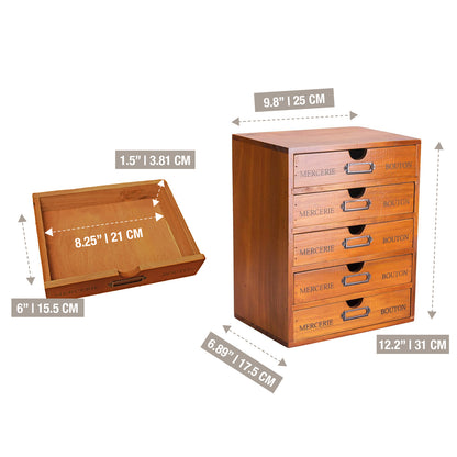 Stackable Vintage Wooden Storage Box | 5-Drawer Multilevel Wood Table Top Desk Drawer Organizer